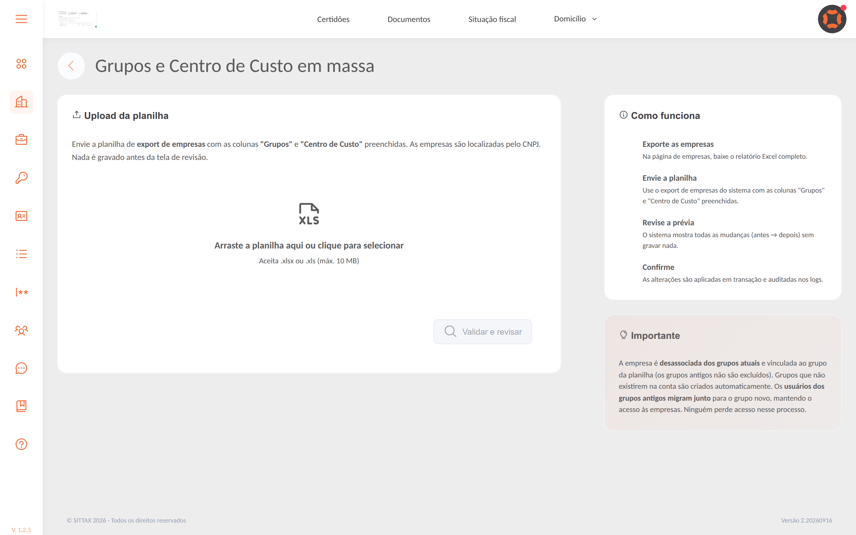 Tela de upload da planilha de grupos de empresas