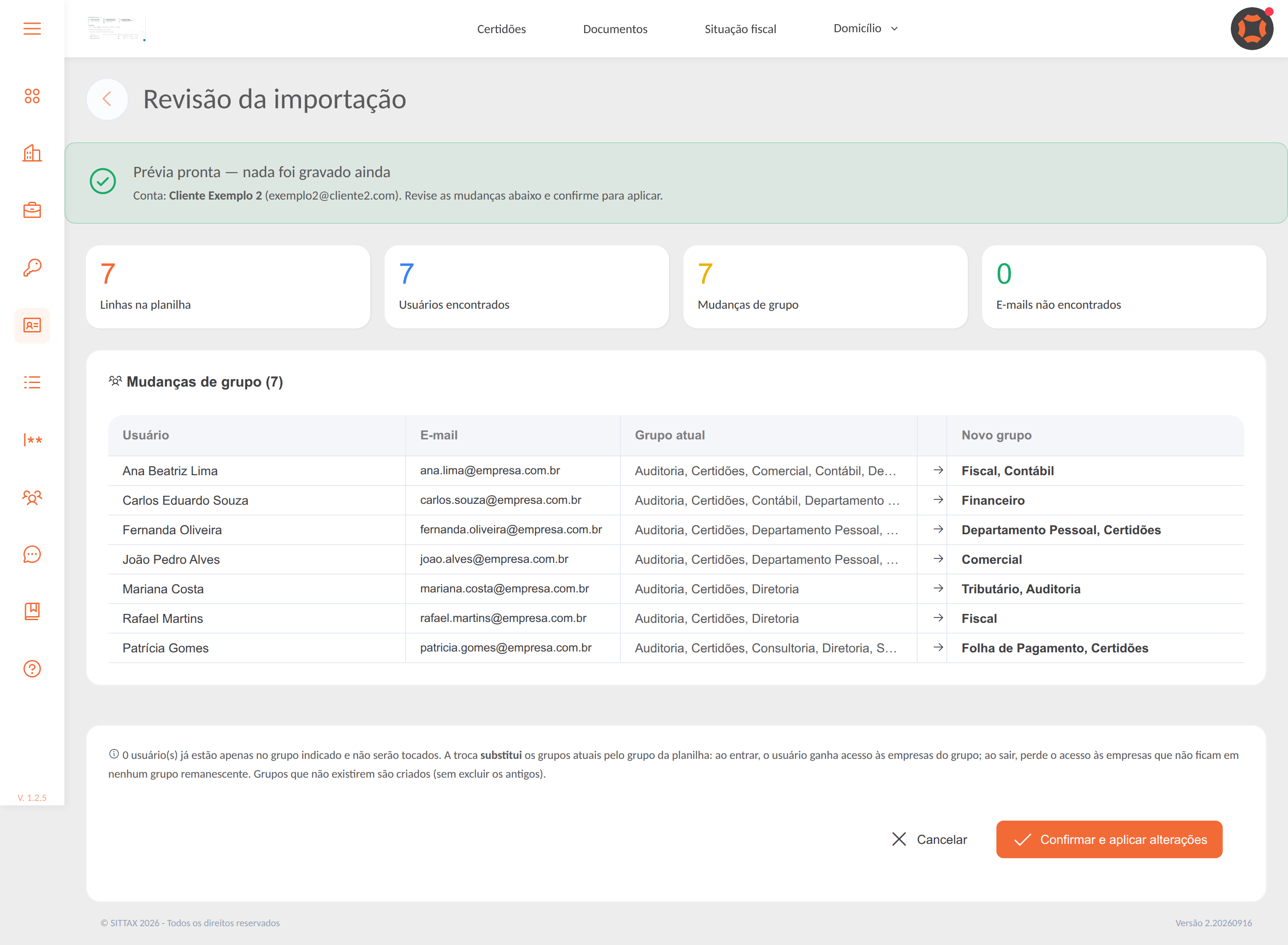 Tela de revisão da importação com as mudanças de grupo